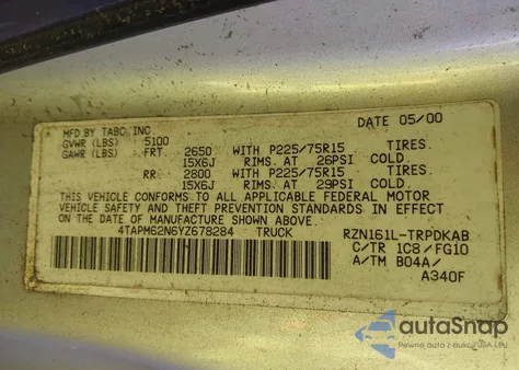 2000 Toyota Tacoma from USA, damaged, VIN 4TAPM62N6YZ678284